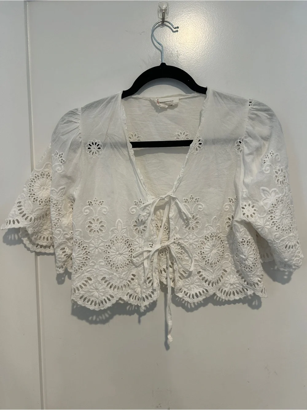 Anthropologie White Floral Eyelet Crop Tie Front Top one size